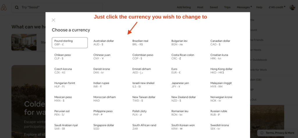 Quickest way to change currency on airbnb